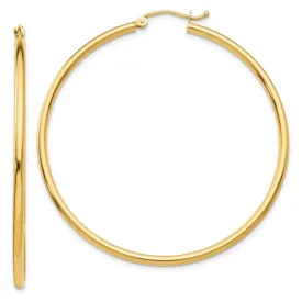 14KY Polished 2x50mm Lightweight Tube Hoop Earrings