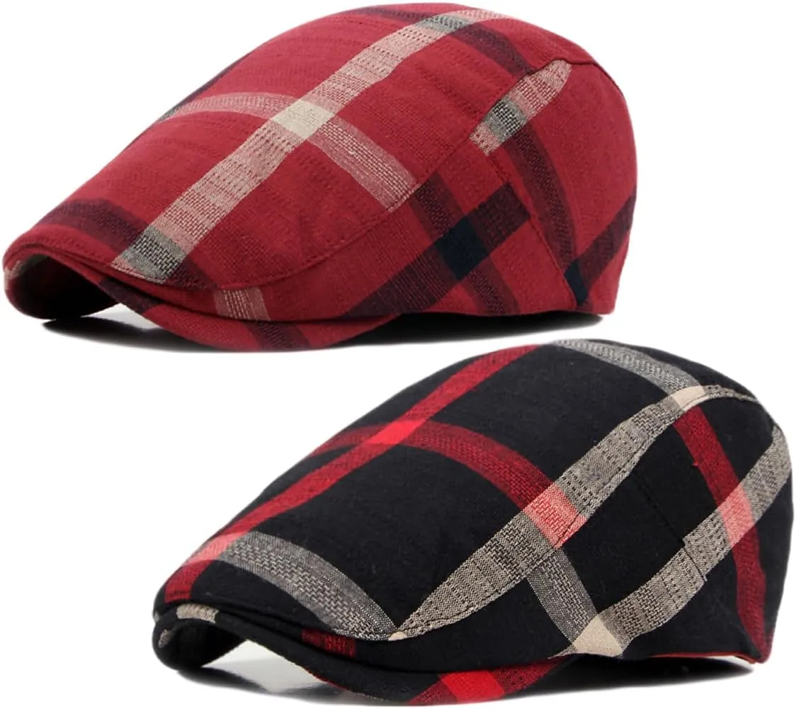 2 Pack Men's Newsboy Flat Cap Adjustable Plaid Ivy Gatsby Cabbie Driving Golf Hat Beret