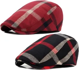 2 Pack Men's Newsboy Flat Cap Adjustable Plaid Ivy Gatsby Cabbie Driving Golf Hat Beret
