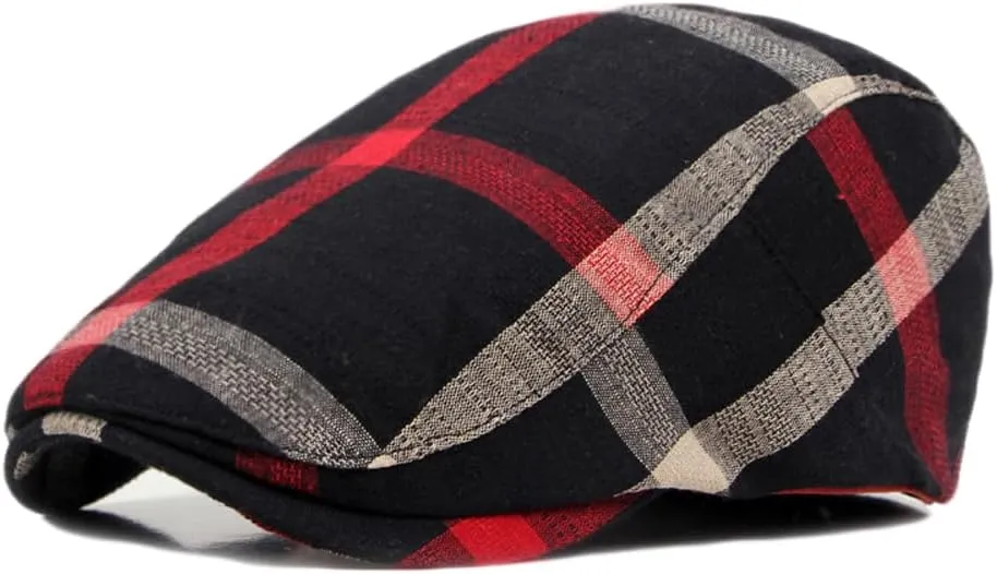 2 Pack Men's Newsboy Flat Cap Adjustable Plaid Ivy Gatsby Cabbie Driving Golf Hat Beret