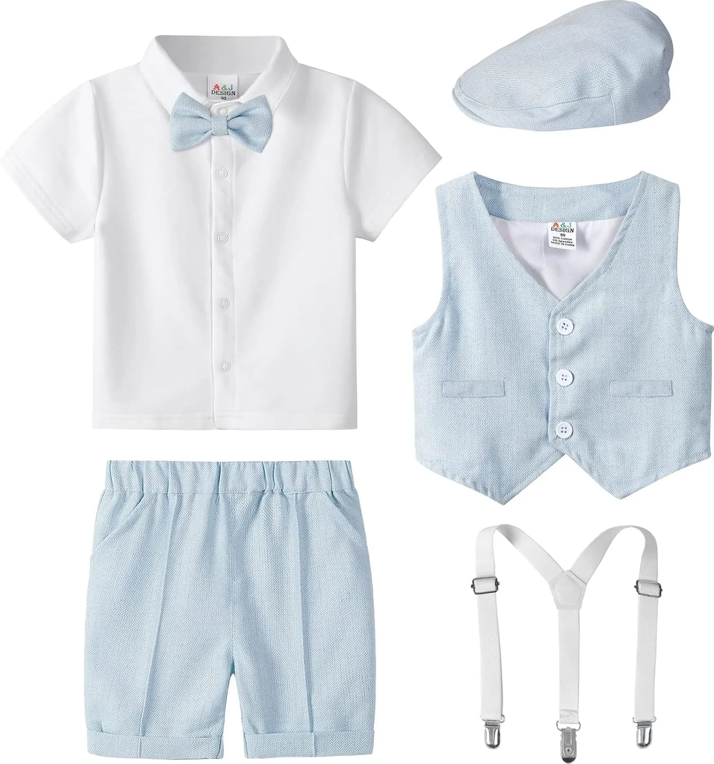 A&J DESIGN 5pcs Toddler Baby Boys Suit Set, 12 Months - 3T, Gentleman Suit Shirt & Shorts & Vest & Hat & Bow Tie