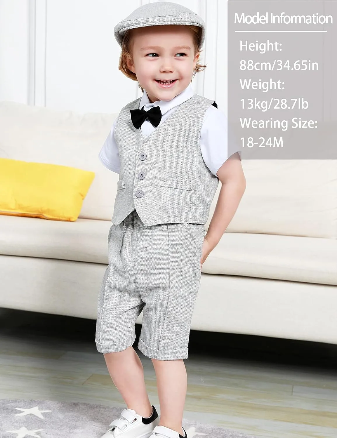 A&J DESIGN 5pcs Toddler Baby Boys Suit Set, 12 Months - 3T, Gentleman Suit Shirt & Shorts & Vest & Hat & Bow Tie