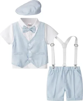 A&J DESIGN 5pcs Toddler Baby Boys Suit Set, 12 Months - 3T, Gentleman Suit Shirt & Shorts & Vest & Hat & Bow Tie