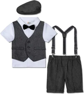 A&J DESIGN 5pcs Toddler Baby Boys Suit Set, 12 Months - 3T, Gentleman Suit Shirt & Shorts & Vest & Hat & Bow Tie