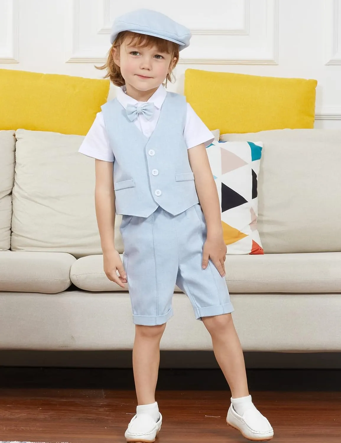 A&J DESIGN 5pcs Toddler Baby Boys Suit Set, 12 Months - 3T, Gentleman Suit Shirt & Shorts & Vest & Hat & Bow Tie