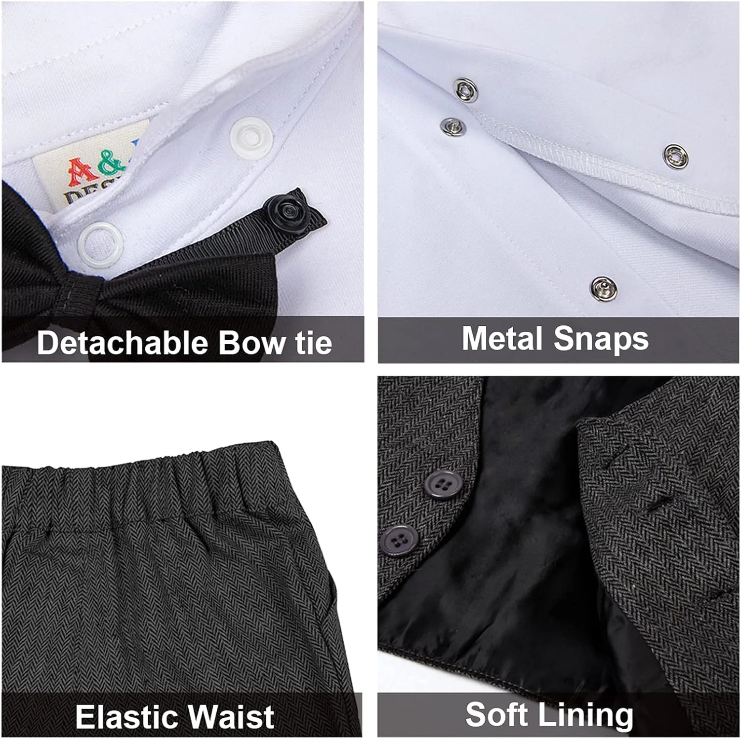 A&J DESIGN 5pcs Toddler Baby Boys Suit Set, 12 Months - 3T, Gentleman Suit Shirt & Shorts & Vest & Hat & Bow Tie