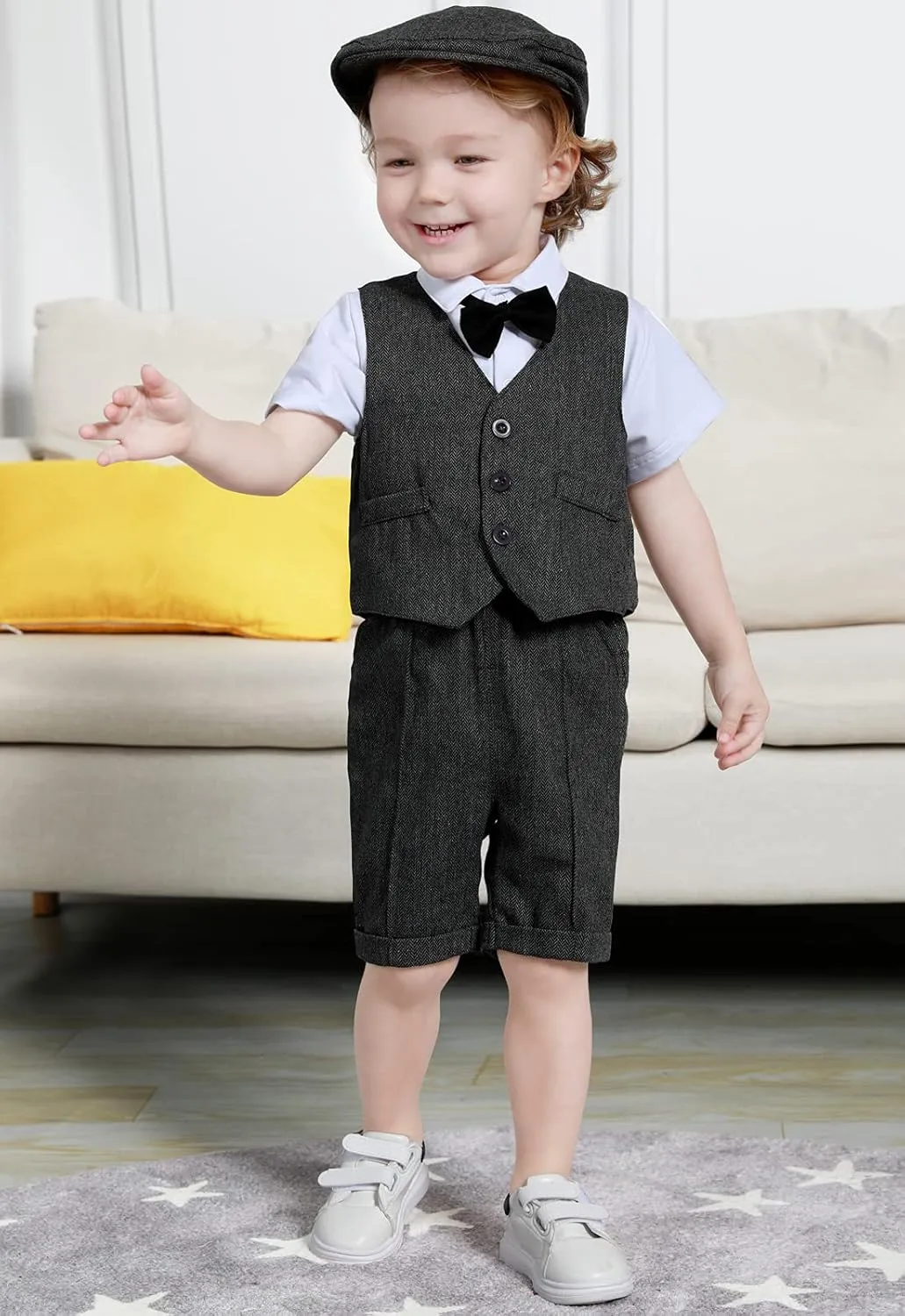 A&J DESIGN 5pcs Toddler Baby Boys Suit Set, 12 Months - 3T, Gentleman Suit Shirt & Shorts & Vest & Hat & Bow Tie