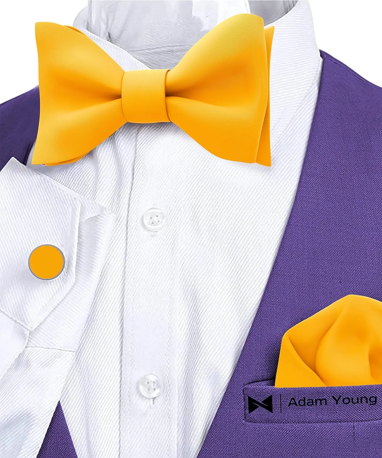Adam Young Men's Self Tie Bow Tie Sets w/Pocket Squares & Cufflinks Sami-Glossy Satin Classy Bowtie for Tuxedo Faux Silk