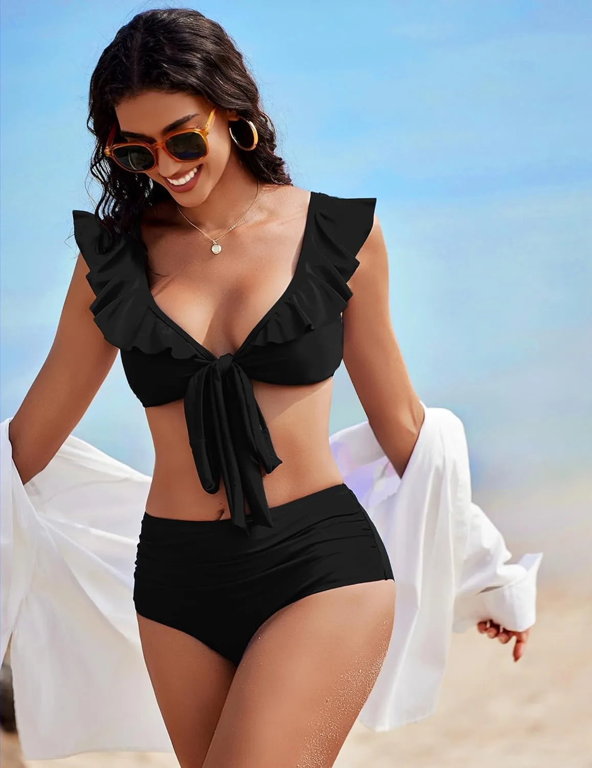 AI'MAGE Women High Waisted Bikini Sets Tummy Control Swimsuits Ruffle Sleeve Two Piece Bathing Suit V Neck Swimwear S-XXL