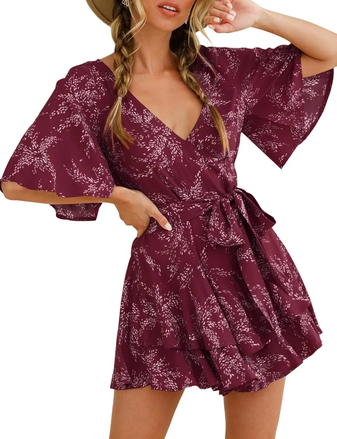 AIMCOO Womens Summer Short Flared Sleeve Romper V Neck Floral Print Jumpsuit Waist Tie Layer Ruffle Hem Dress Look Rompers