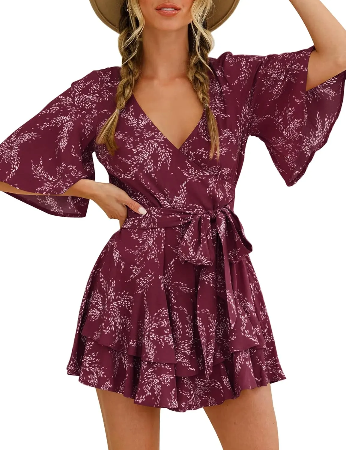 AIMCOO Womens Summer Short Flared Sleeve Romper V Neck Floral Print Jumpsuit Waist Tie Layer Ruffle Hem Dress Look Rompers