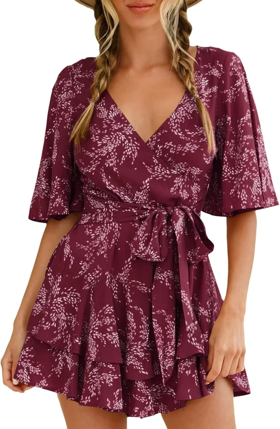 AIMCOO Womens Summer Short Flared Sleeve Romper V Neck Floral Print Jumpsuit Waist Tie Layer Ruffle Hem Dress Look Rompers