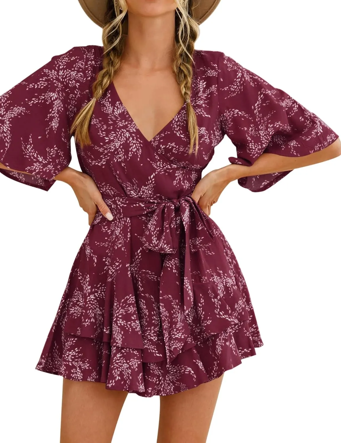 AIMCOO Womens Summer Short Flared Sleeve Romper V Neck Floral Print Jumpsuit Waist Tie Layer Ruffle Hem Dress Look Rompers
