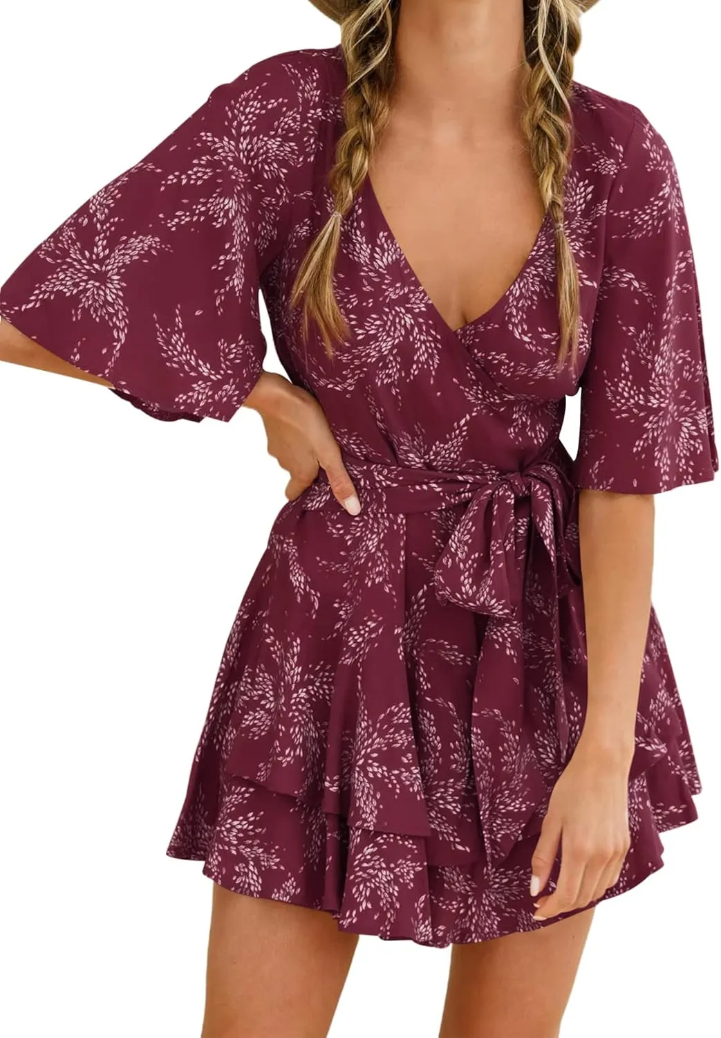 AIMCOO Womens Summer Short Flared Sleeve Romper V Neck Floral Print Jumpsuit Waist Tie Layer Ruffle Hem Dress Look Rompers