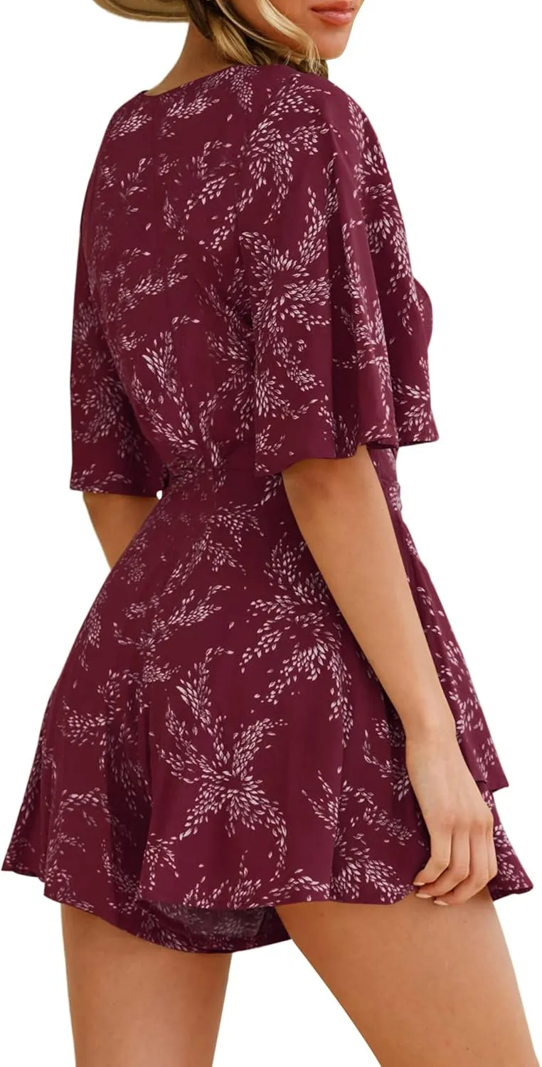 AIMCOO Womens Summer Short Flared Sleeve Romper V Neck Floral Print Jumpsuit Waist Tie Layer Ruffle Hem Dress Look Rompers