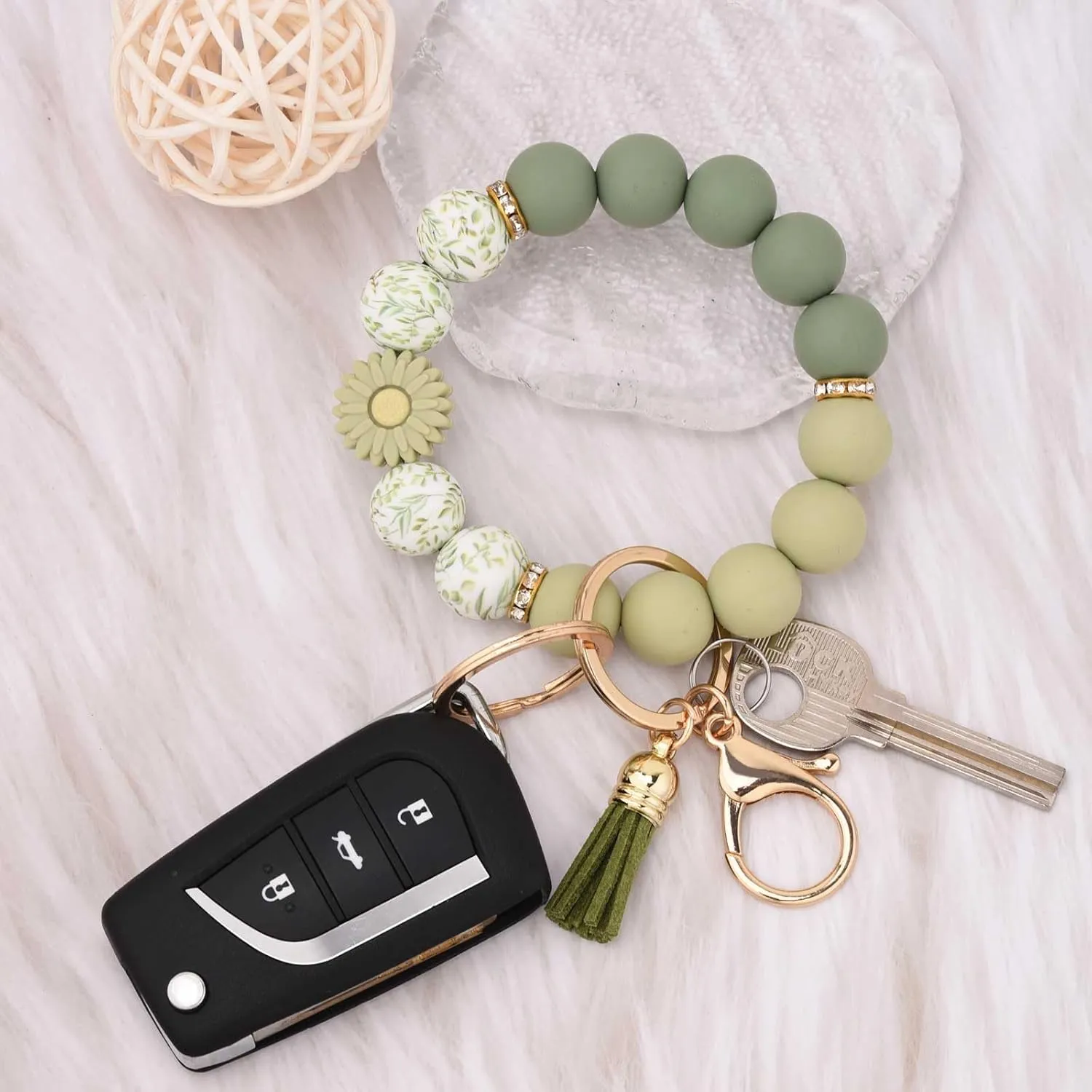 BAOSIWA Silicone Beaded Keychain Wristlet Key Ring Bracelet Cute Car Key Chain Holder for Women Girls