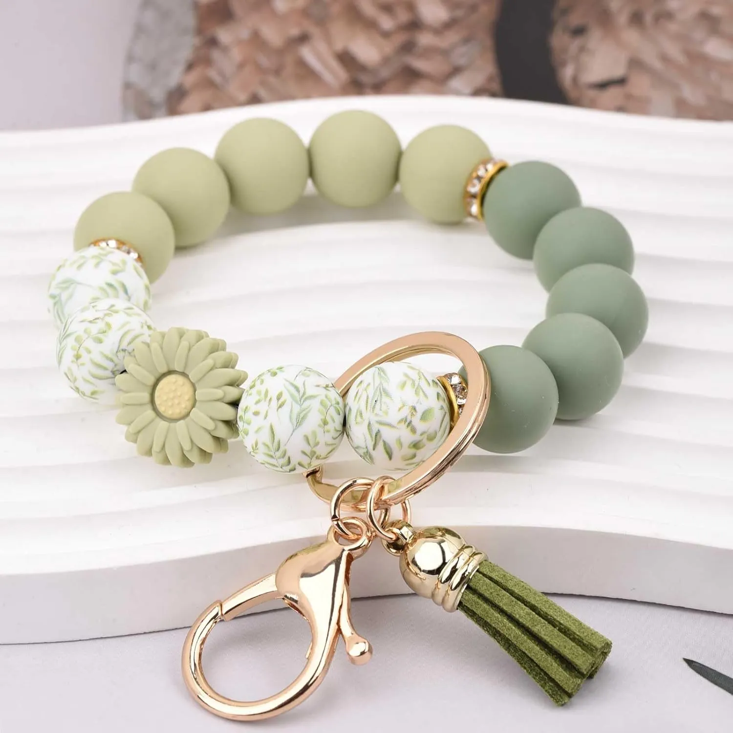 BAOSIWA Silicone Beaded Keychain Wristlet Key Ring Bracelet Cute Car Key Chain Holder for Women Girls