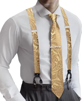 Barry.Wang Men Suspender Set with Necktie Elastic Y Type Heavy Duty 6 Clips Braces Tie Handkerchief Cufflink Pin 6PCS