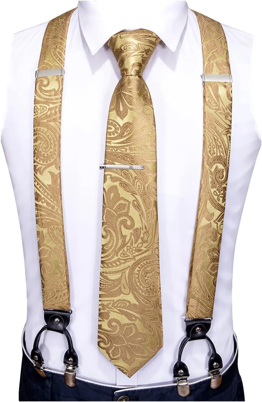 Barry.Wang Men Suspender Set with Necktie Elastic Y Type Heavy Duty 6 Clips Braces Tie Handkerchief Cufflink Pin 6PCS