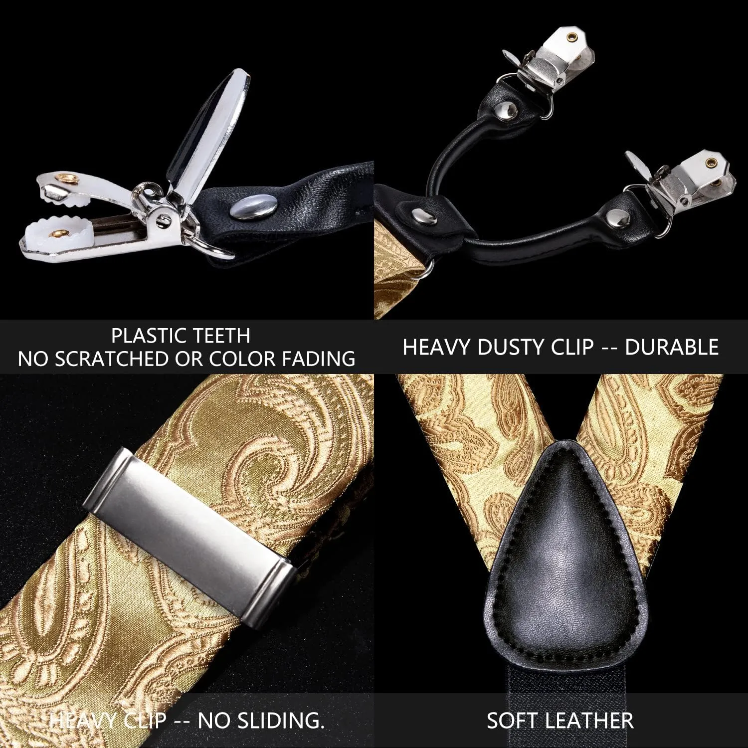 Barry.Wang Men Suspender Set with Necktie Elastic Y Type Heavy Duty 6 Clips Braces Tie Handkerchief Cufflink Pin 6PCS