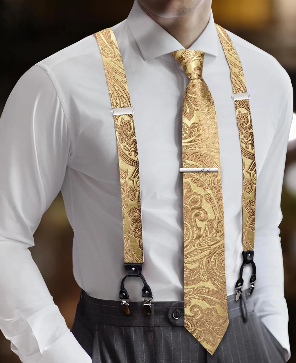 Barry.Wang Men Suspender Set with Necktie Elastic Y Type Heavy Duty 6 Clips Braces Tie Handkerchief Cufflink Pin 6PCS