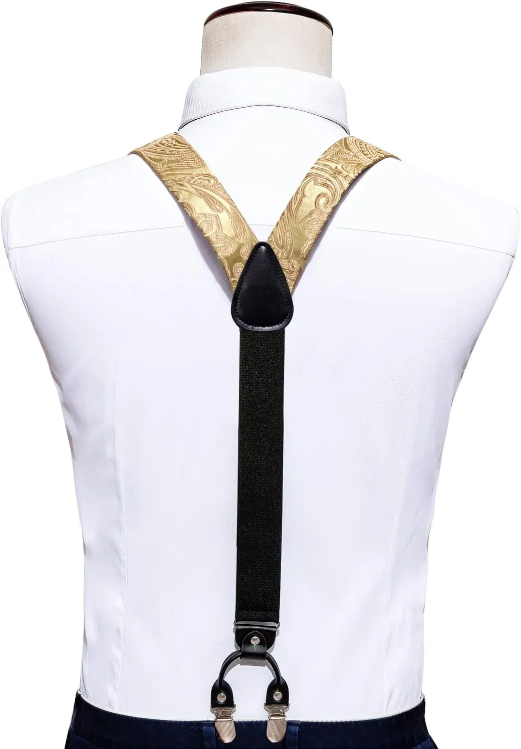 Barry.Wang Men Suspender Set with Necktie Elastic Y Type Heavy Duty 6 Clips Braces Tie Handkerchief Cufflink Pin 6PCS