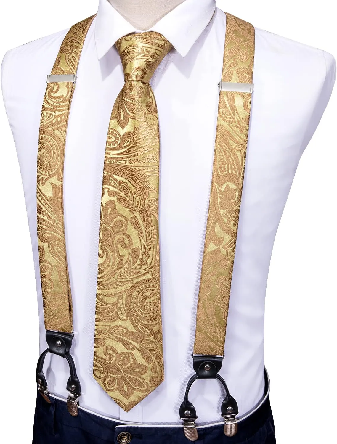 Barry.Wang Men Suspender Set with Necktie Elastic Y Type Heavy Duty 6 Clips Braces Tie Handkerchief Cufflink Pin 6PCS