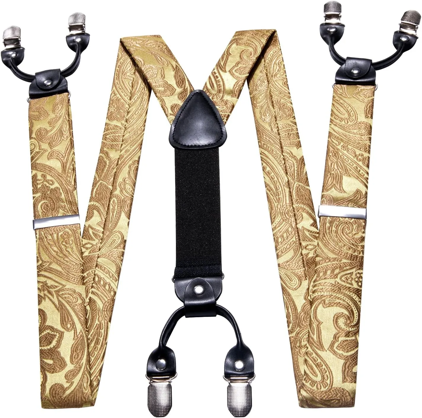 Barry.Wang Men Suspender Set with Necktie Elastic Y Type Heavy Duty 6 Clips Braces Tie Handkerchief Cufflink Pin 6PCS