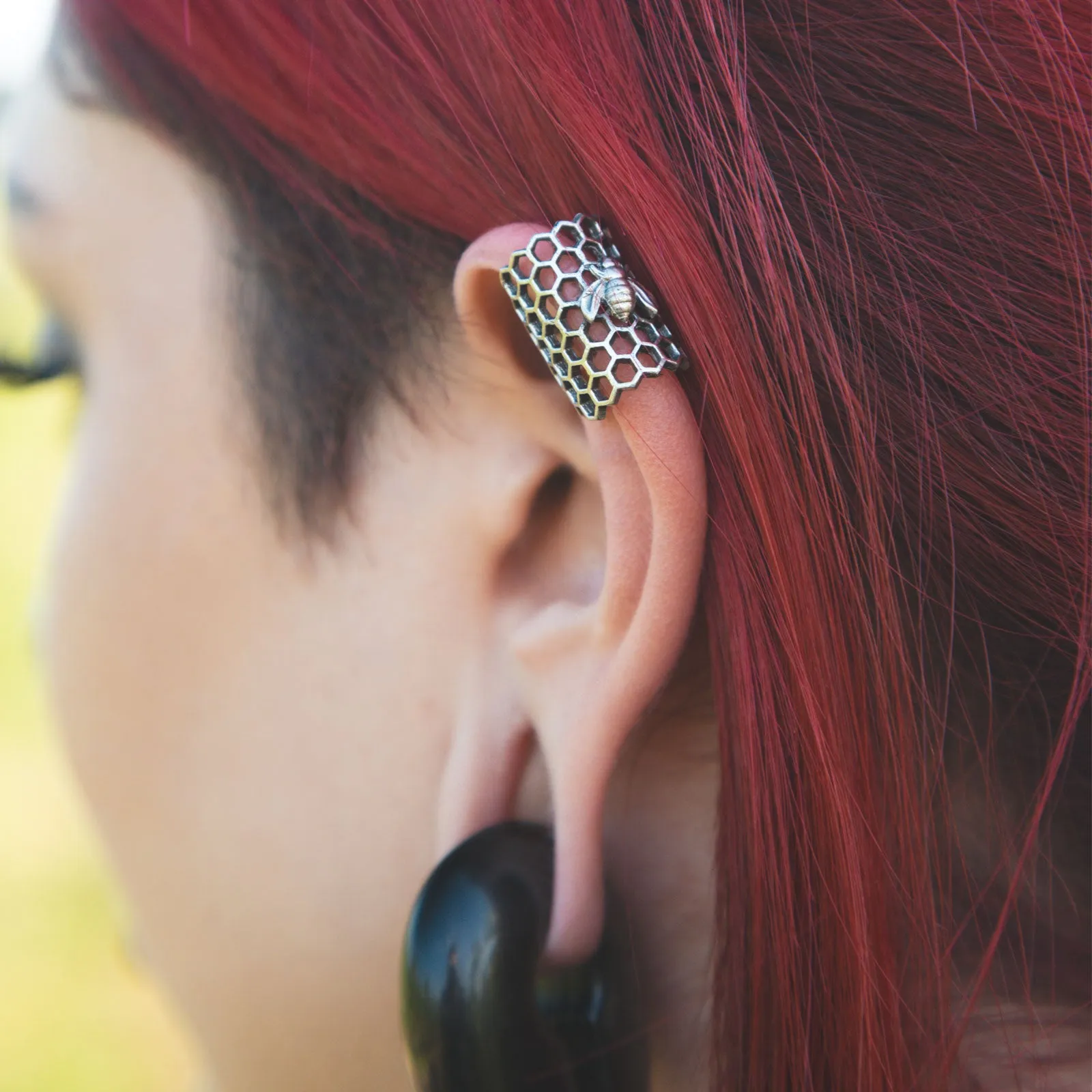 Bee & Honeycomb White Brass Ear Cuff