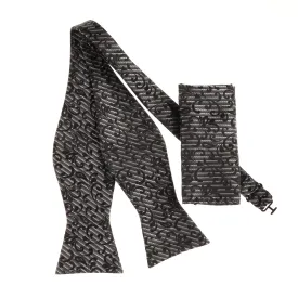 Black, Silver and Gray Designed Self-Tie Bow Tie with Matching Pocket Square
