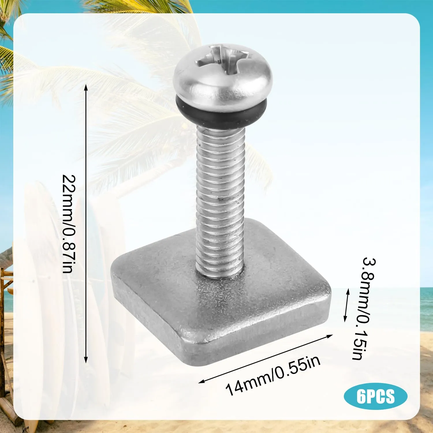 BOXOB 6pcs Thumb Fin Screws for Surfboard, 316 Stainless Steel Longboard Top Fin Screw and Plate with O Rings, Surfing Part Replacement Accessories for Surf Board and Inflatable SUP Paddle