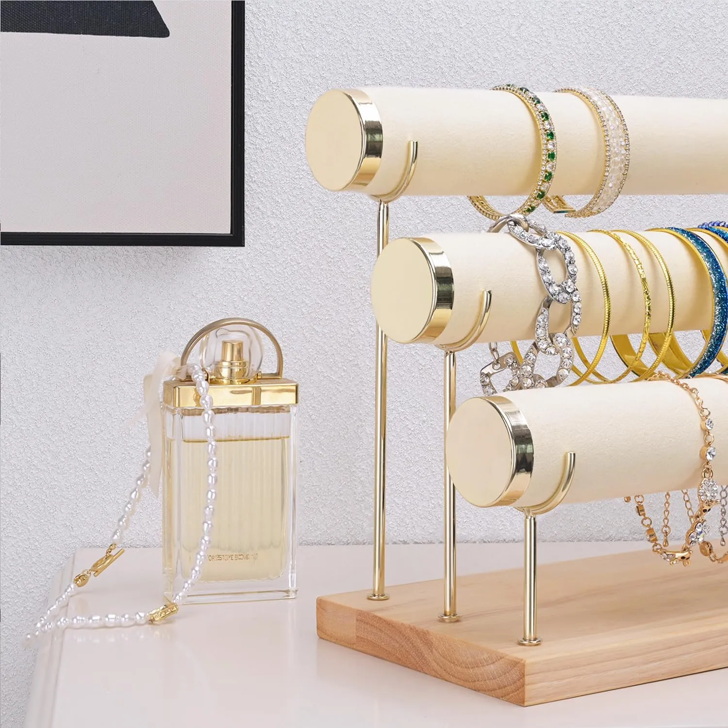Bracelet Display Holder Small Size Jewelry Storage Stand 3 Tier Bangle Organizer Wooden Velvet Watch Tower