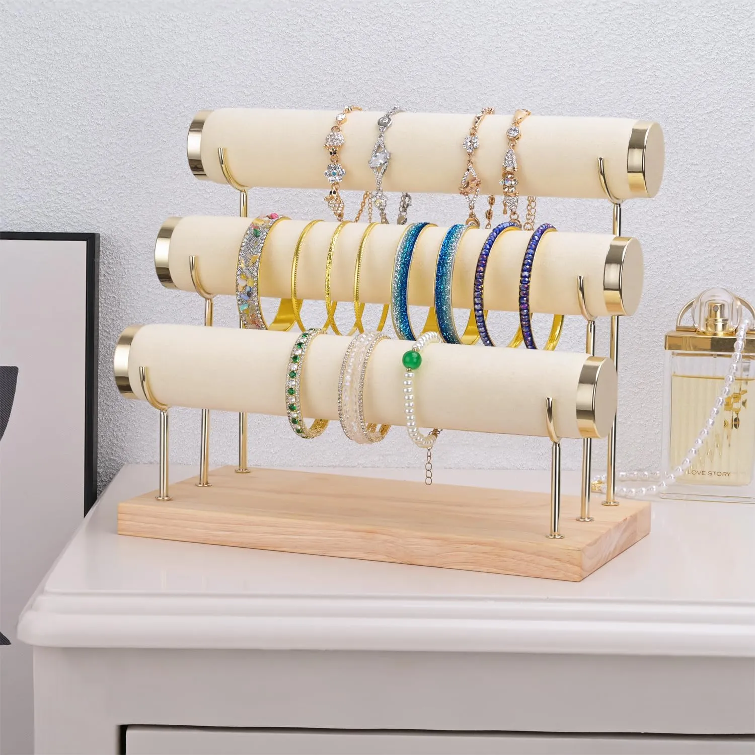 Bracelet Display Holder Small Size Jewelry Storage Stand 3 Tier Bangle Organizer Wooden Velvet Watch Tower