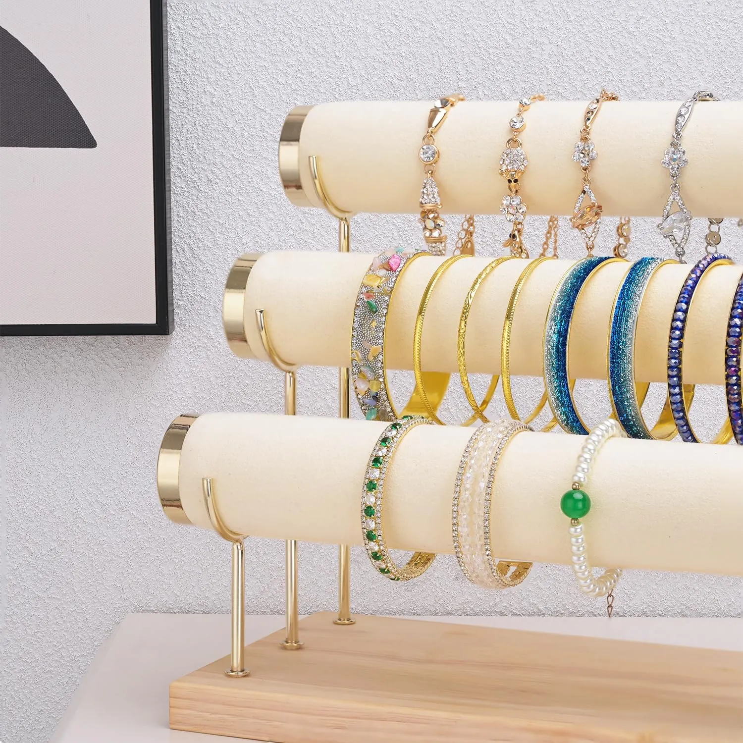 Bracelet Display Holder Small Size Jewelry Storage Stand 3 Tier Bangle Organizer Wooden Velvet Watch Tower
