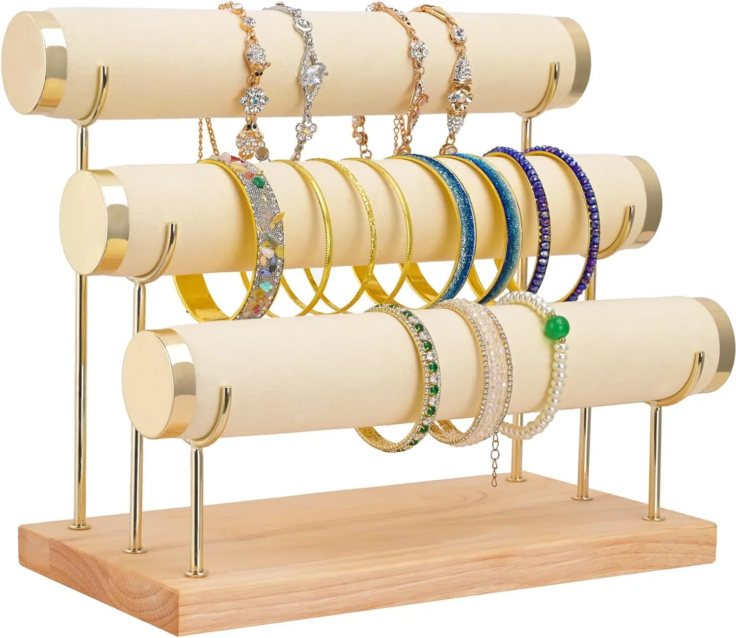 Bracelet Display Holder Small Size Jewelry Storage Stand 3 Tier Bangle Organizer Wooden Velvet Watch Tower