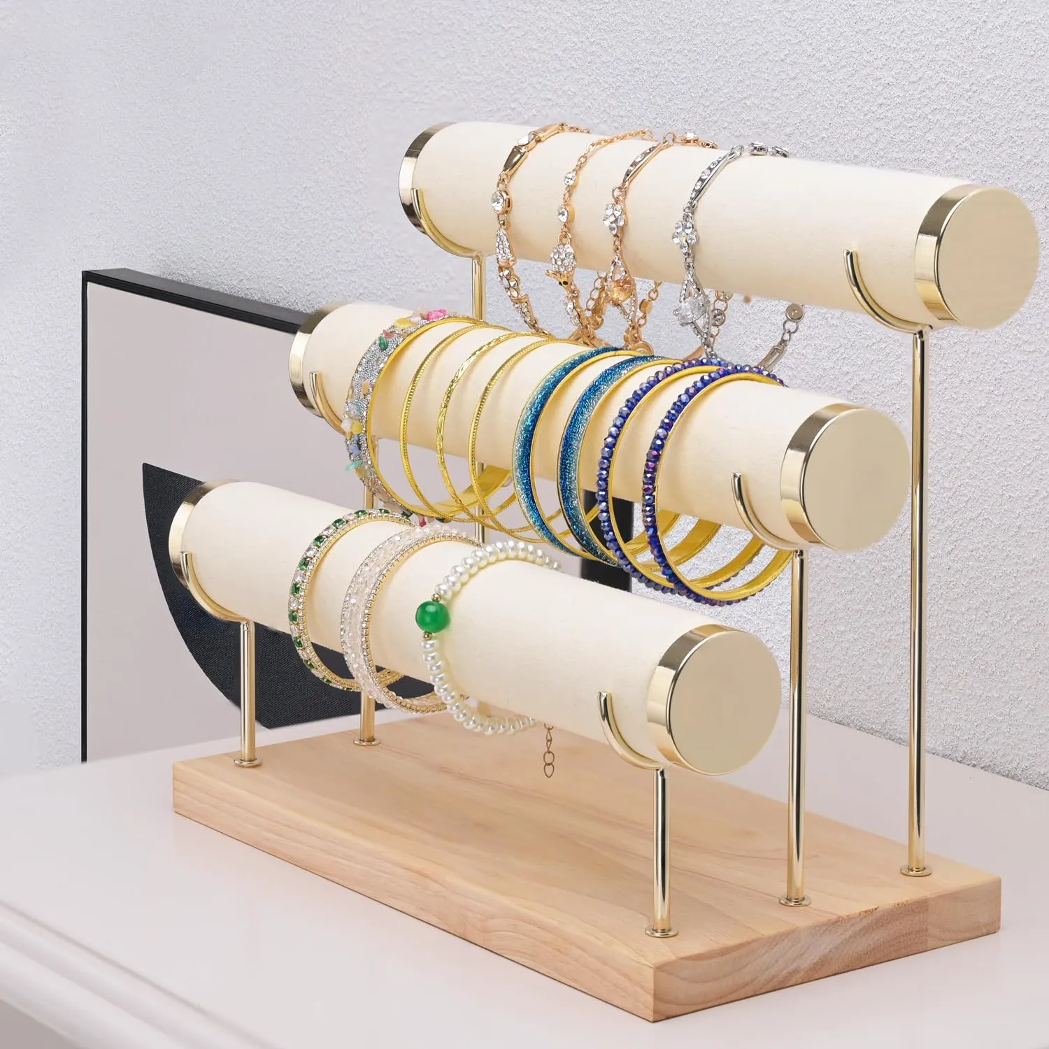 Bracelet Display Holder Small Size Jewelry Storage Stand 3 Tier Bangle Organizer Wooden Velvet Watch Tower