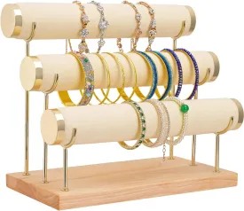 Bracelet Display Holder Small Size Jewelry Storage Stand 3 Tier Bangle Organizer Wooden Velvet Watch Tower
