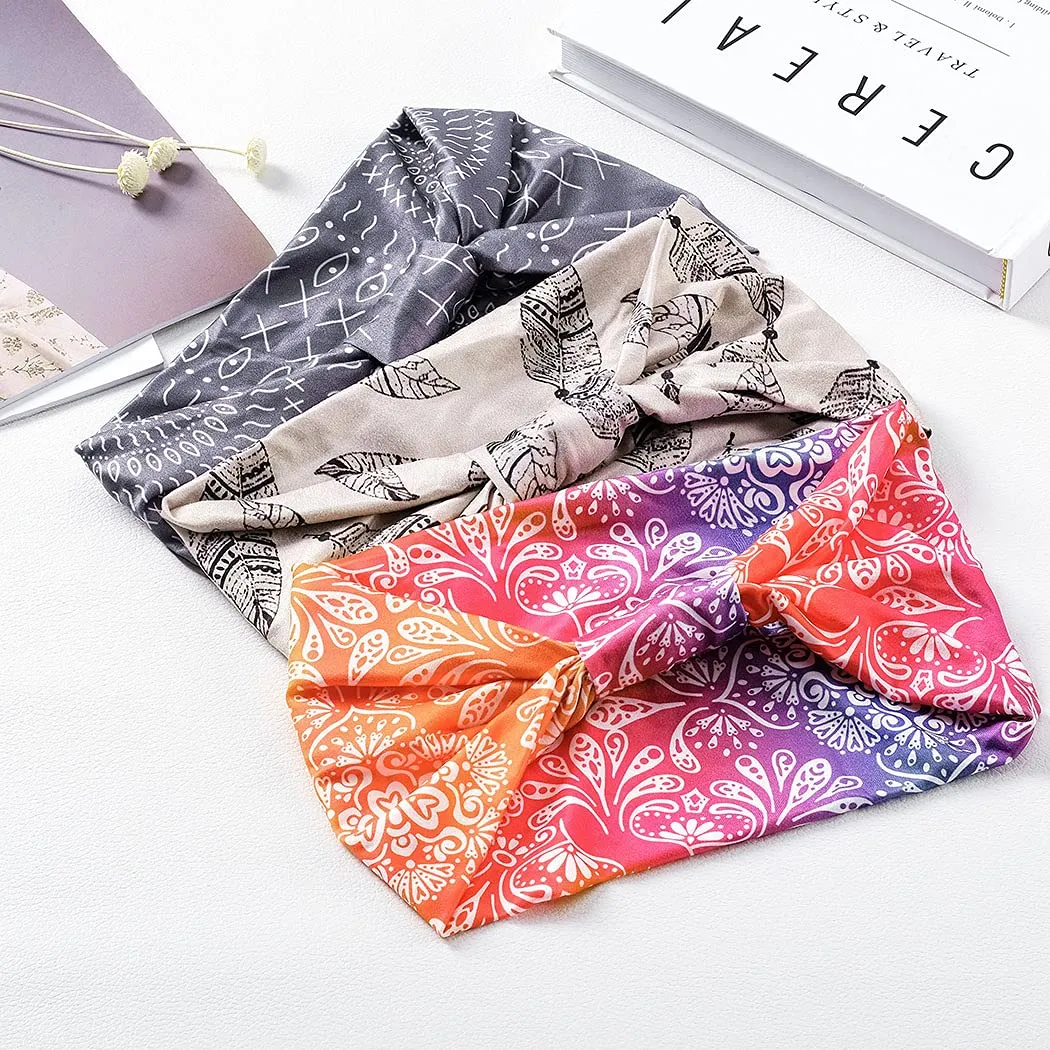 CAKURE Boho Headbands Wide Turban Knotted Head Bands African Head Wraps Yoga Hairbands Hair Scarf Elastic Hair Accessories for Women and Girls Pack of 3