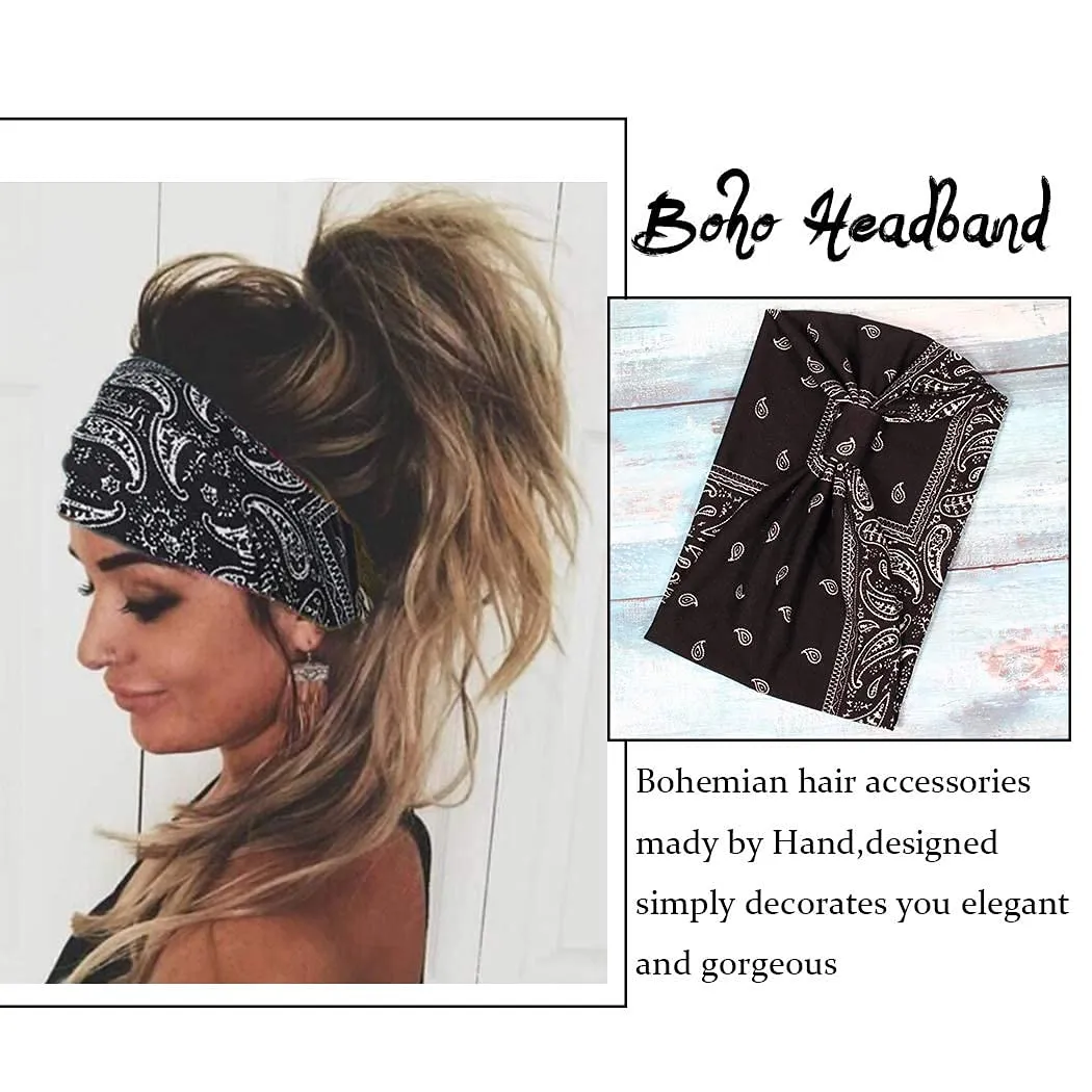 CAKURE Boho Wide Headbands Knotted Turban African Yoga Hairbands Stretch Elastic Motorcycle Hair Accessories for Women and Girls Pack of 3 (Set-1)