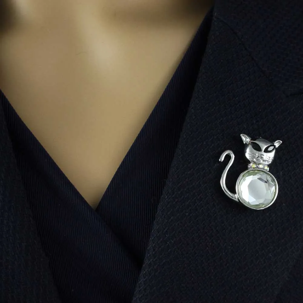 Cat with Large Mirror Belly and Black Eyes Brooch Pin - PRC710