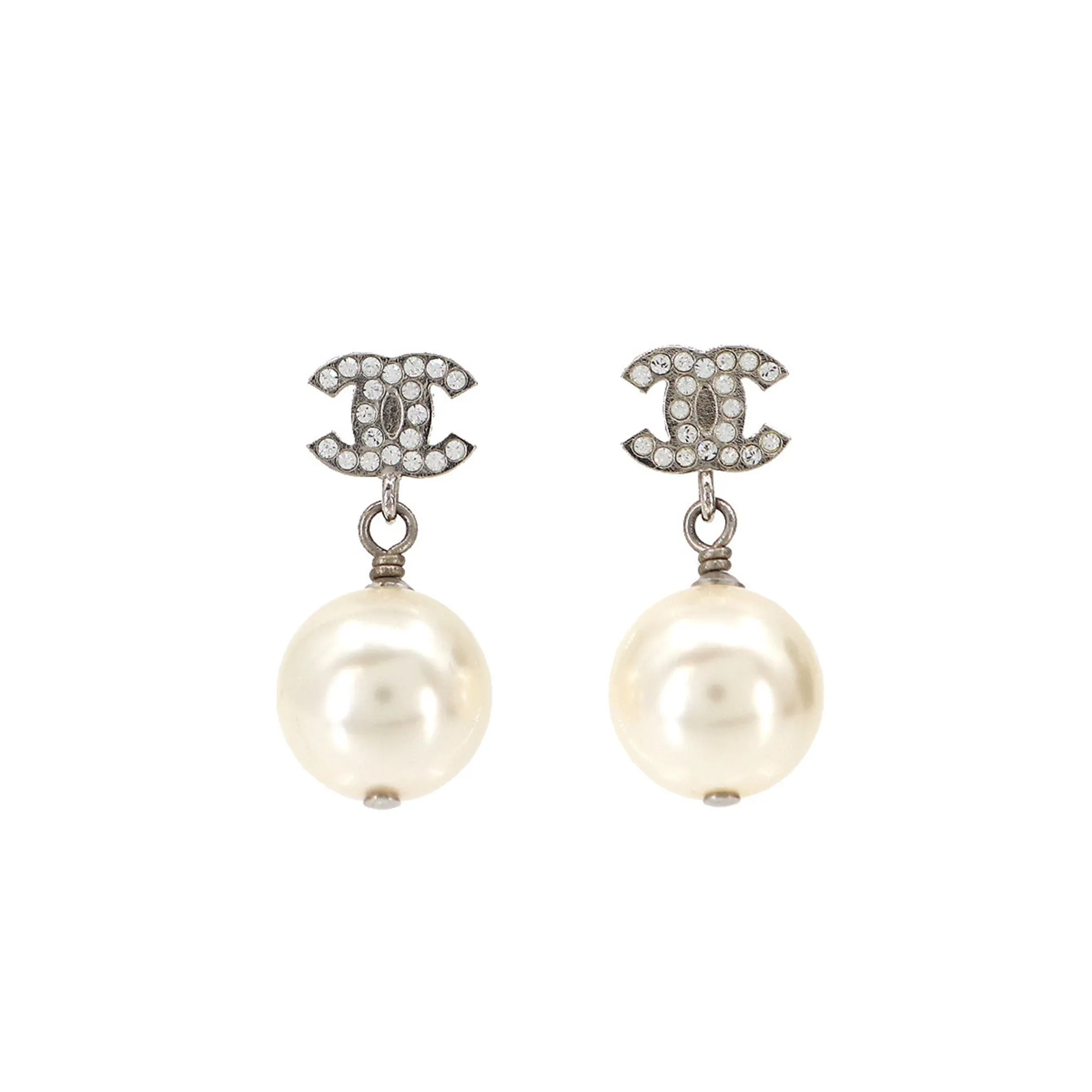 Chanel Cocomark Fake Pearl Rhinestone Earrings Swing Silver A20V Accessories