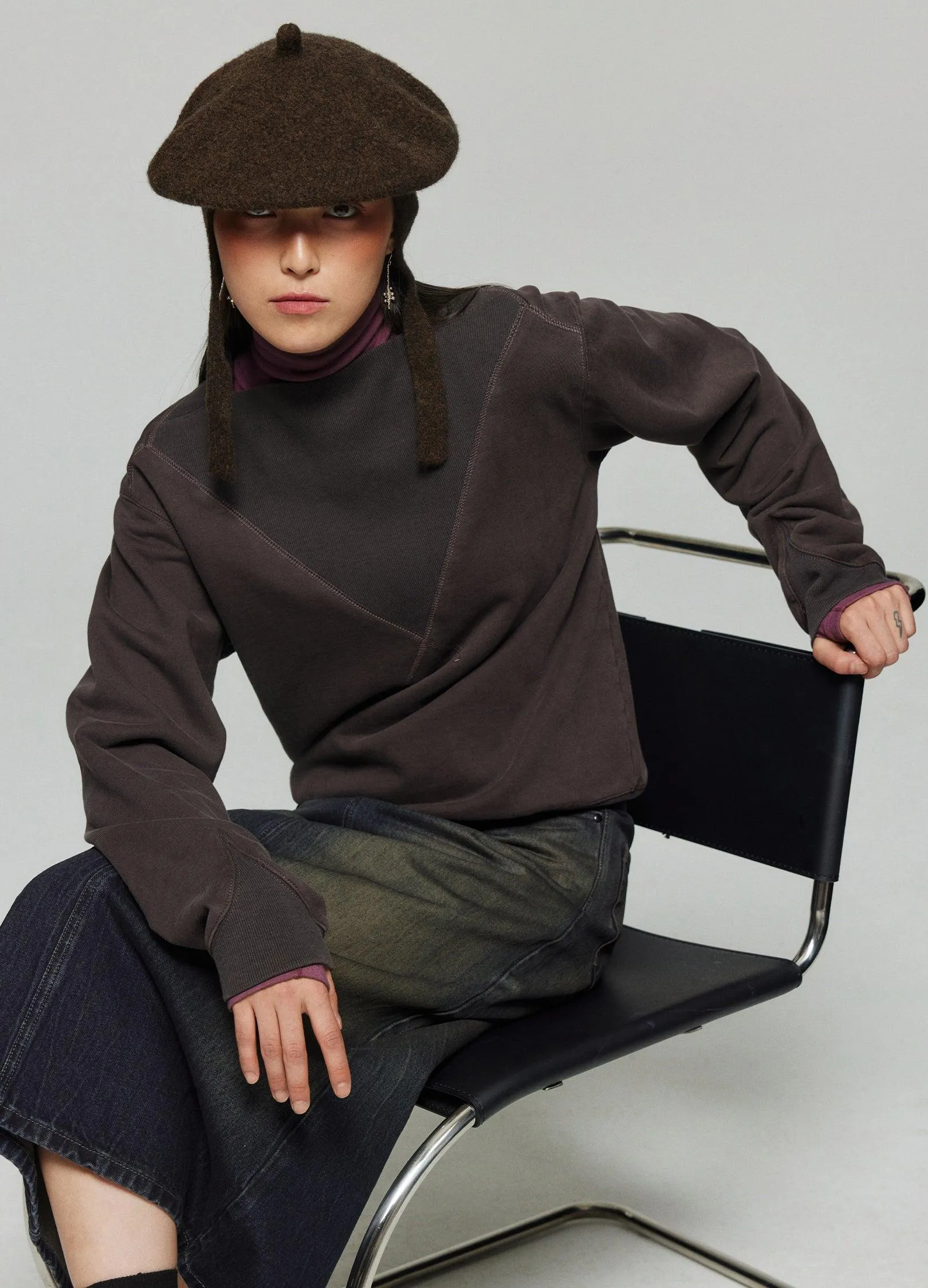 Chic Wool Blend Zig Zag Knit Beret With Long Straps