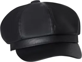 choyaxo 8 Panels Newsboy Hats PU Leather Beret Fashion Hats for Women Black