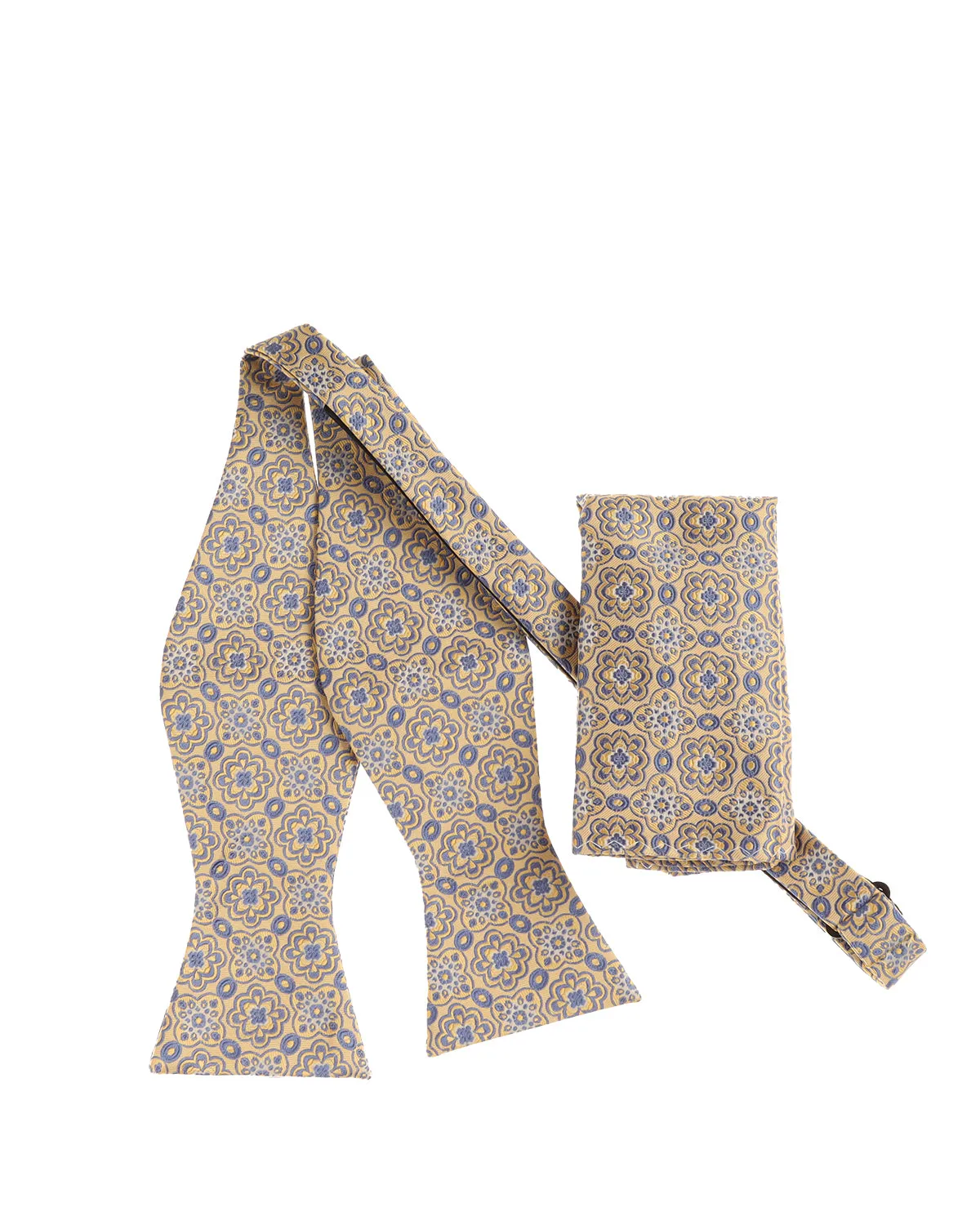 Cream/Butter Scotch With a Baby Blue Designed Self - Tied Bow Tie With Matching Pocket Square