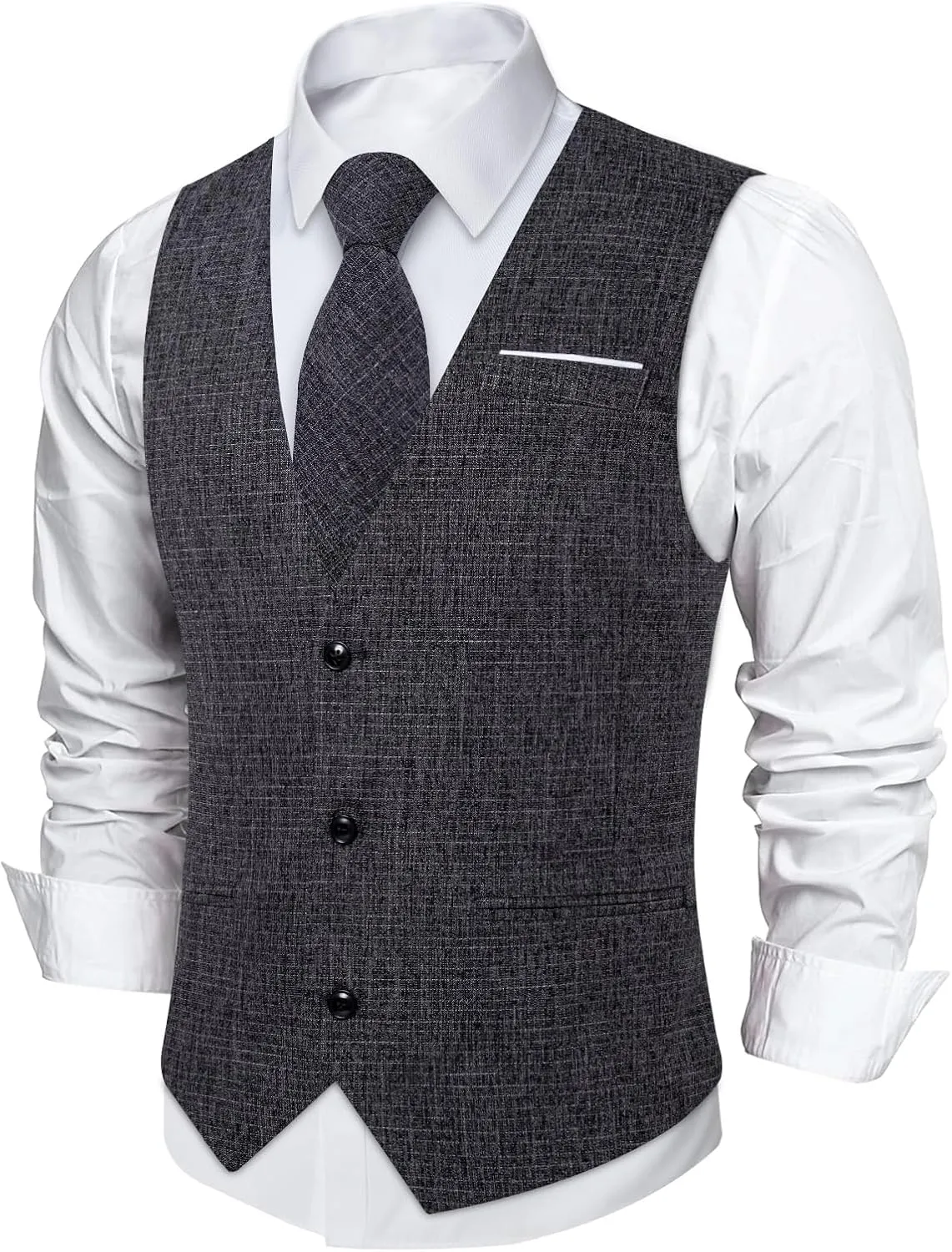 DiBanGu Mens Linen Suit Vest Casual Waistcoat and Necktie & Pre-tied Bowtie Set 6PCS Solid Color Dress Vest for Wedding Party