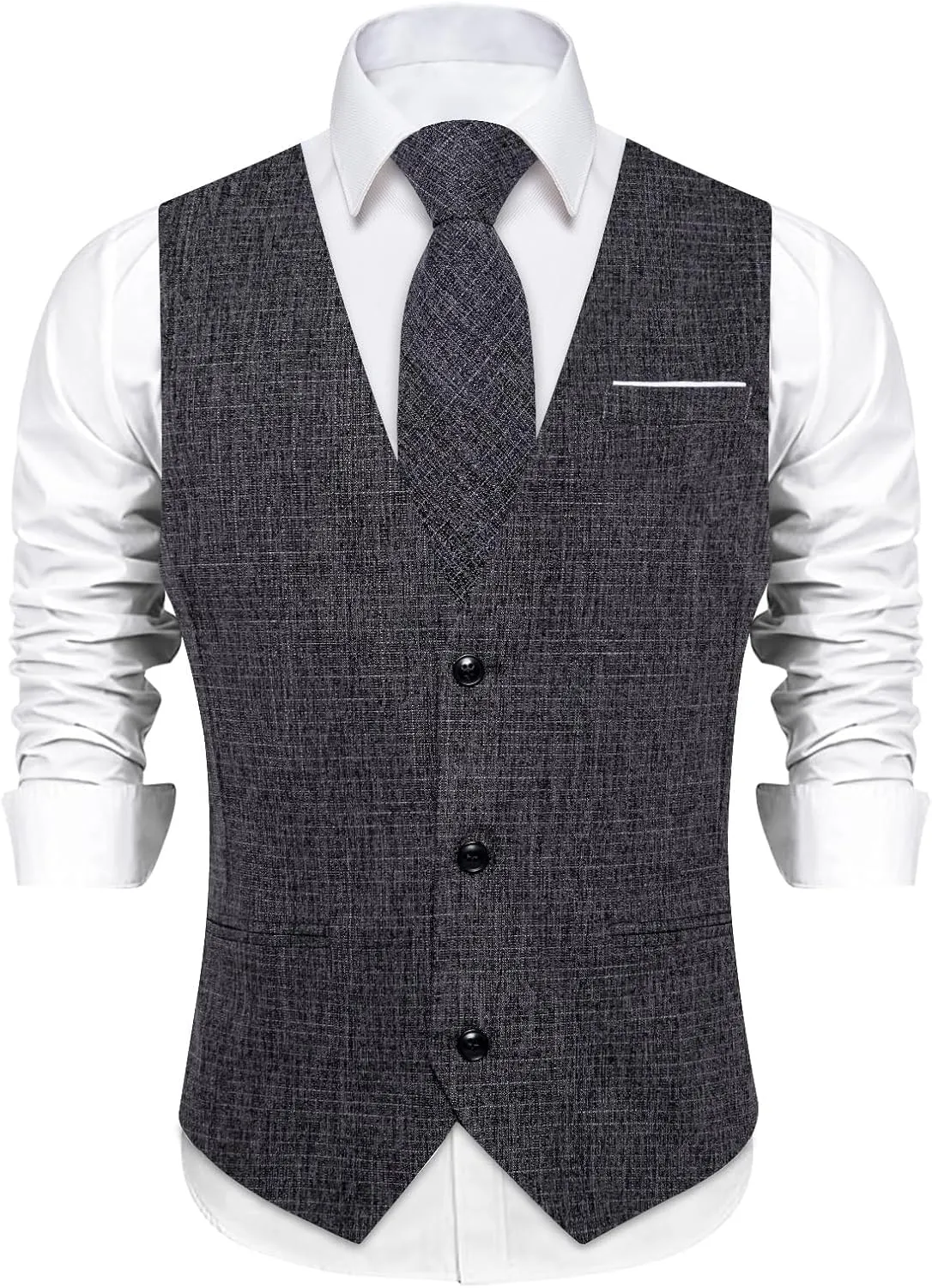 DiBanGu Mens Linen Suit Vest Casual Waistcoat and Necktie & Pre-tied Bowtie Set 6PCS Solid Color Dress Vest for Wedding Party