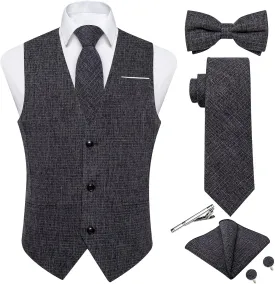 DiBanGu Mens Linen Suit Vest Casual Waistcoat and Necktie & Pre-tied Bowtie Set 6PCS Solid Color Dress Vest for Wedding Party