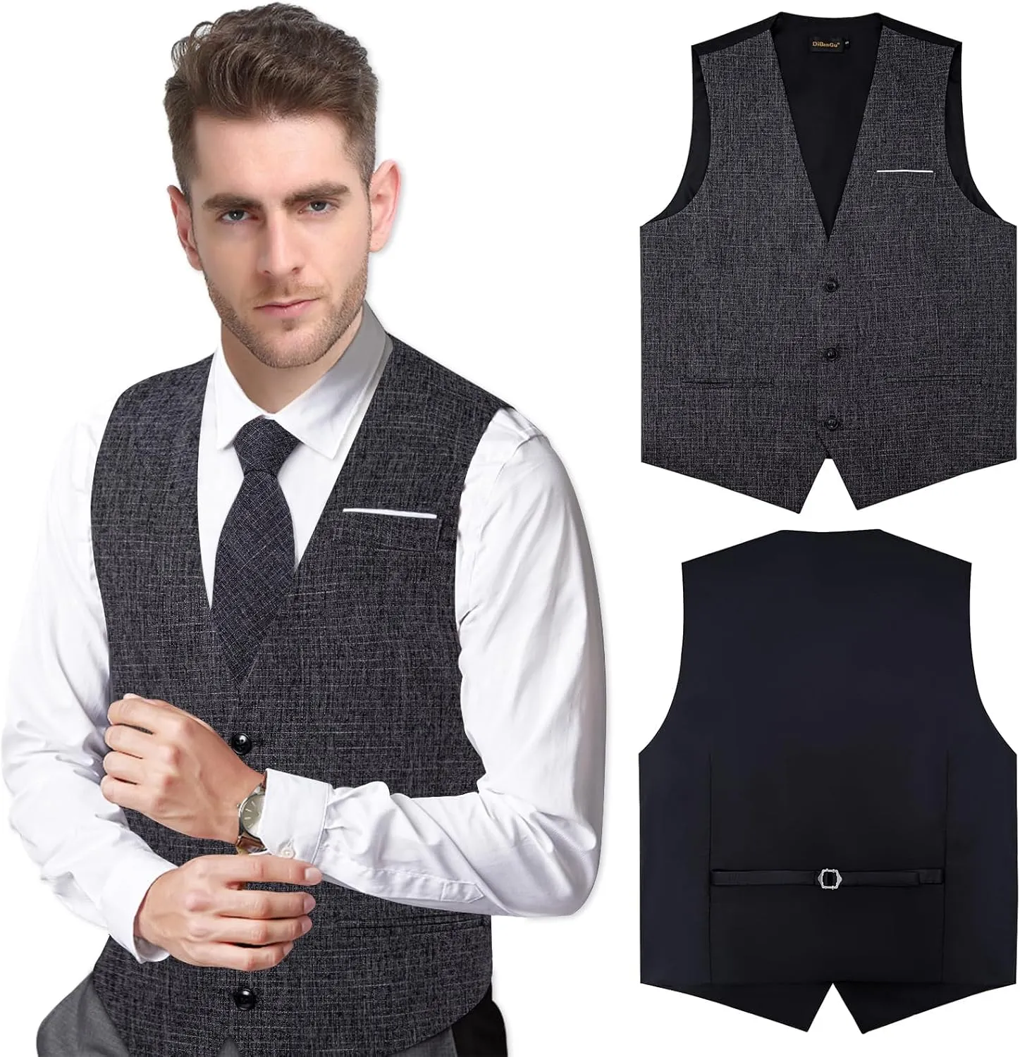 DiBanGu Mens Linen Suit Vest Casual Waistcoat and Necktie & Pre-tied Bowtie Set 6PCS Solid Color Dress Vest for Wedding Party