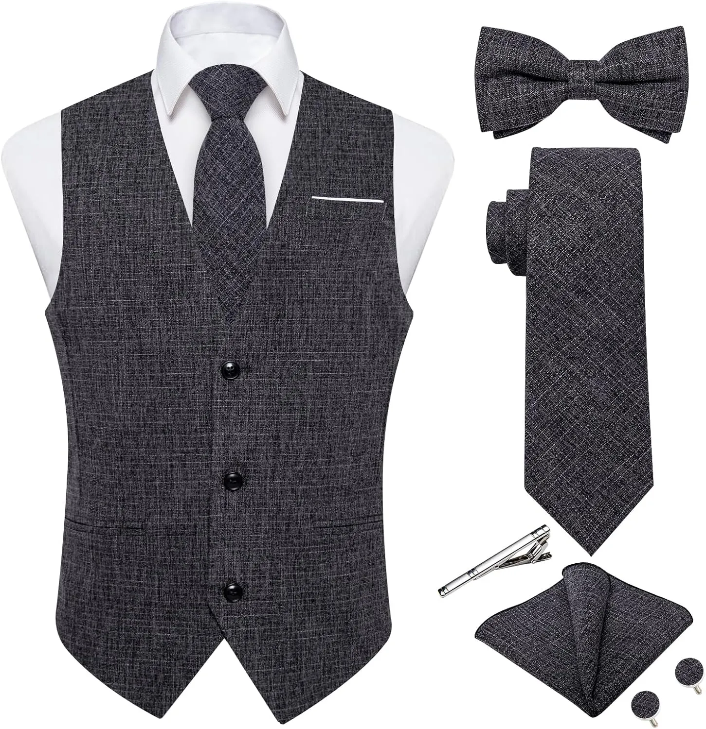 DiBanGu Mens Linen Suit Vest Casual Waistcoat and Necktie & Pre-tied Bowtie Set 6PCS Solid Color Dress Vest for Wedding Party