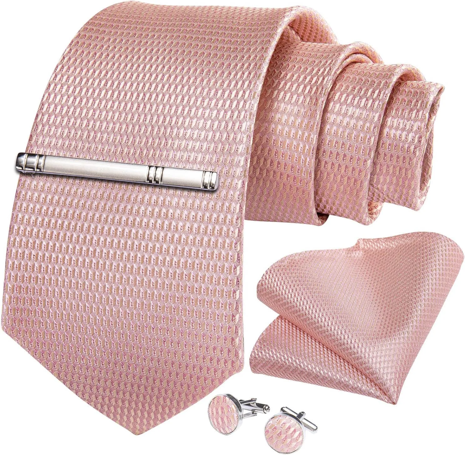 DiBanGu Mens Silk Necktie Solid Color Tie and Pocket Square Cufflink Tie Clip Set Woven Plain Ties for Men Wedding Party